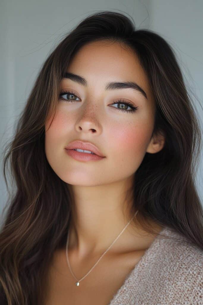 A clean, fresh-faced makeup look with lightweight foundation, a hint of coral blush, and taupe-toned eyeshadow. The lips shine with a sheer gloss, creating a natural, effortless finish. Crisp, natural lighting highlights the simple, polished beauty.