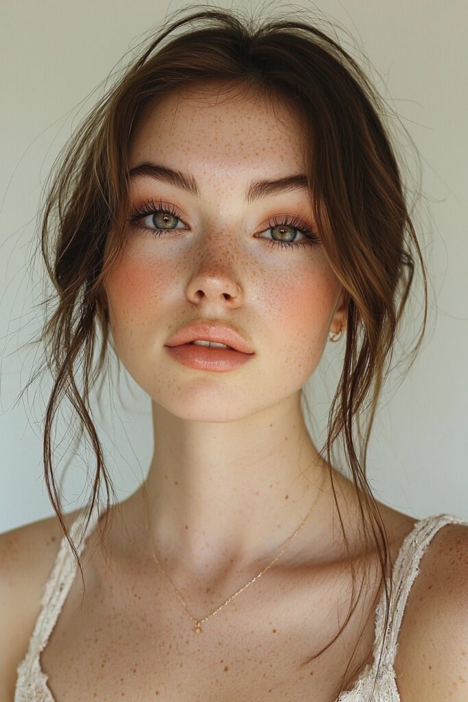 A girl with a fresh morning dew makeup look. Her skin appears radiant with a matte base and translucent powder. She wears a gentle peach lip, top-lid eyeliner, and mascara, creating a crisp and dewy style.