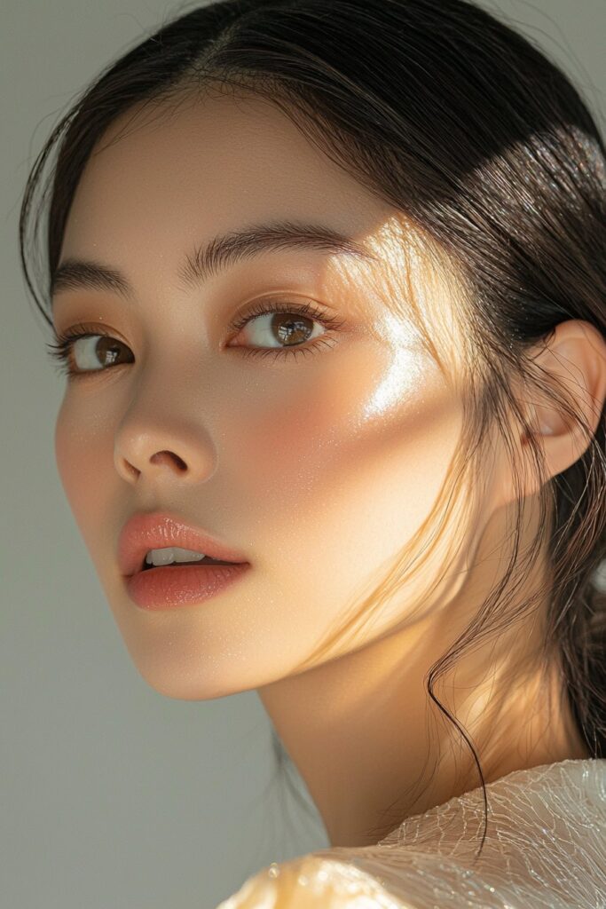 A sophisticated makeup look with a dewy yet matte glass skin finish, top-lid eyeliner, light bottom-lash mascara, and a sheer pink lip for a fresh, glowing effect.