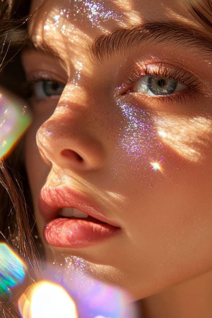 A flawless glass skin-inspired makeup look with a high-shine, reflective finish. Light lavender blush adds a delicate touch, and the lips are coated with glossy petal-pink color. The eyes have a soft silver shimmer, emphasized by crystal-clear lighting.