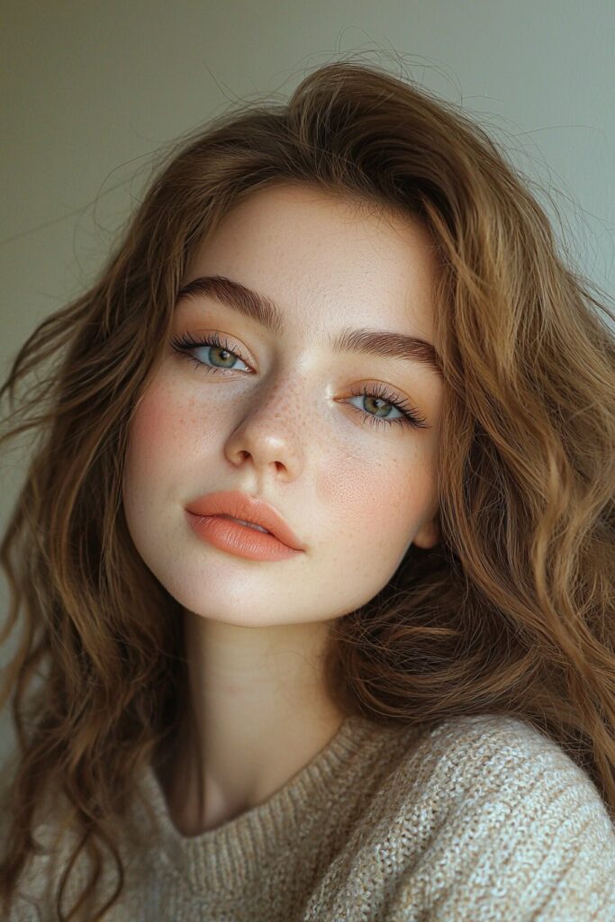 A girl with a glowing from within makeup look. Her skin appears naturally radiant with a matte base. A soft coral lip and subtle eye makeup give a fresh and effortless vibe.