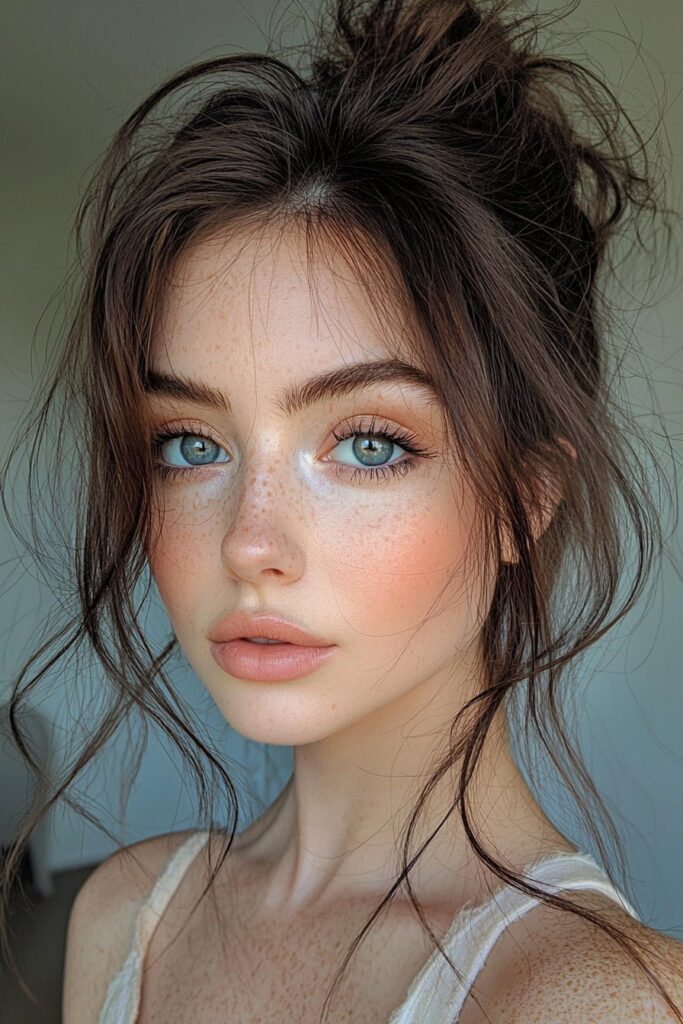 Luminous prom makeup with golden eyeshadow illuminating blue eyes paired with warm coral lips