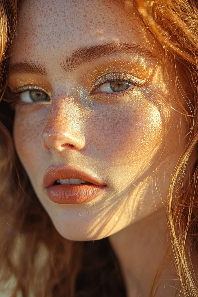 A warm, golden-toned makeup look with soft terracotta lips and taupe eyeshadow, reflecting Virgo’s earthy radiance.