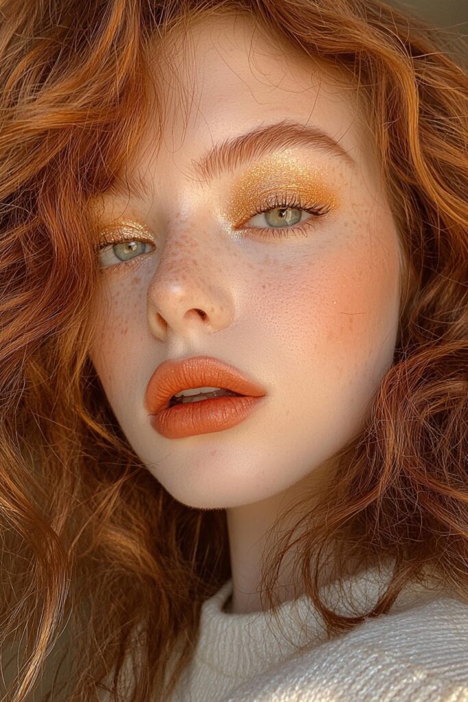 A face with a golden hour intensity makeup look. Warm gold tones (without glitter) accentuate the eyes, cheeks, and lips. The look is completed with top-lid eyeliner, light bottom-lash mascara, and a matte finish. A golden backdrop with warm lighting amplifies the fierce and luminous Scorpio Rising presence.