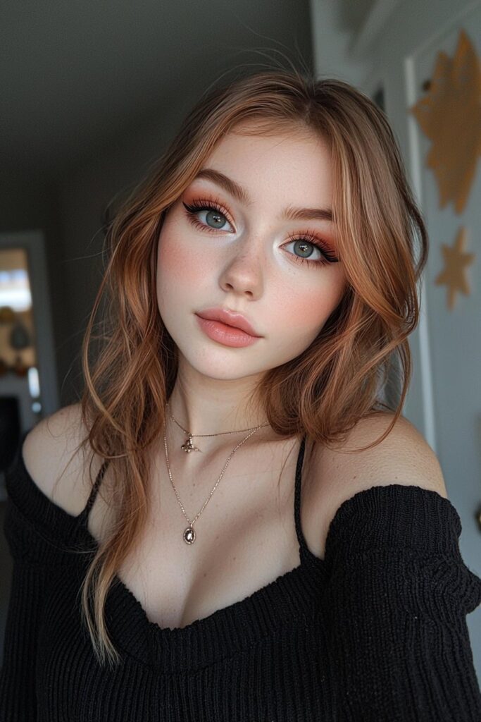 A girl with cool red eyeshadow, top-lid eyeliner, and a pale pink lip, showcasing a striking and regal prom aesthetic.