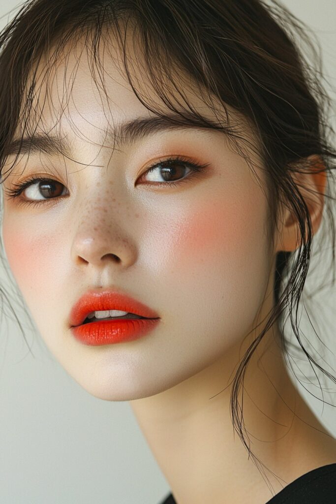 A youthful and clean professional makeup look with a fresh matte base, top-lid eyeliner, light bottom-lash mascara, and a coral lip for a radiant finish.