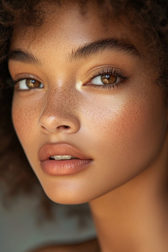 A sunlit, bronze goddess makeup look with golden-bronze shimmer on the eyes, cheeks, and lips. The complexion radiates warmth, emphasized by soft amber lighting for a divine, glowing effect.