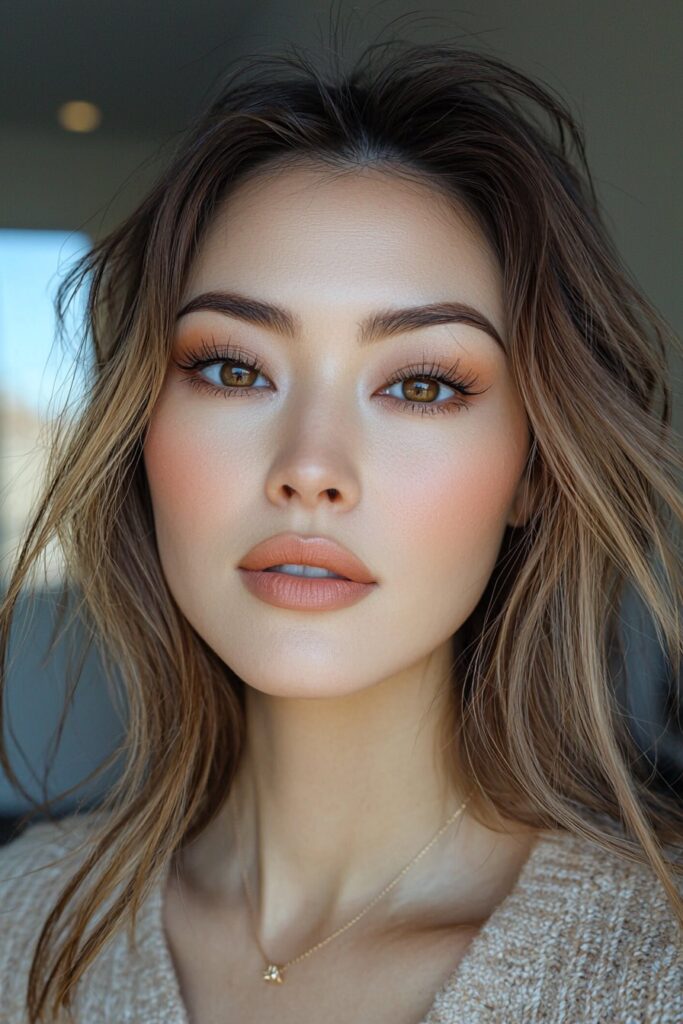 A face with a metallic bronze goddess makeup look. Bronze tones accent the eyes, cheeks, and lips, creating a luminous yet matte finish. The eyes are defined with top-lid eyeliner and light bottom-lash mascara. The golden backdrop and sultry lighting enhance the radiant, powerful Scorpio Rising energy.