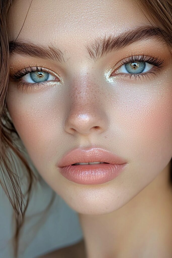Sleek prom makeup with metallic taupe eyeshadow accentuating blue eyes paired with rosy beige lips