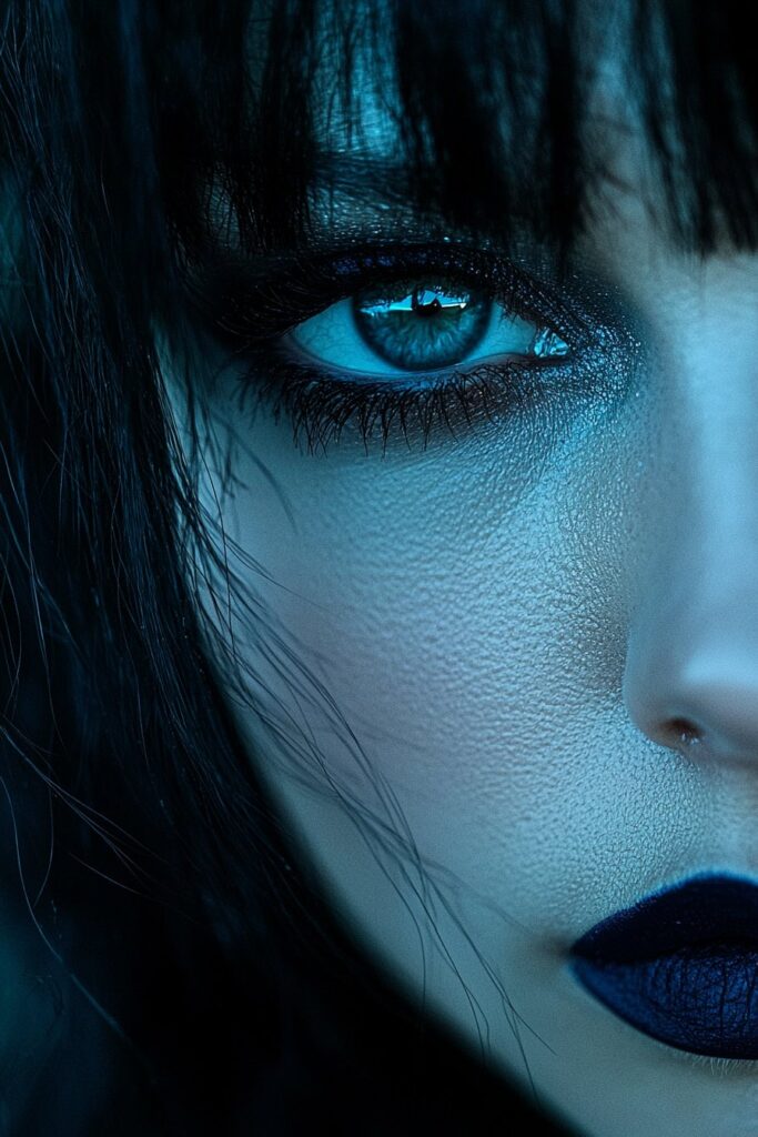 A face with midnight blue mystery makeup. Deep blue shadows cloak the eyes, paired with navy lips, top-lid eyeliner, and light bottom-lash mascara. The matte base is flawless, with a navy backdrop and cool lighting, reflecting an elusive and intense Scorpio Rising energy