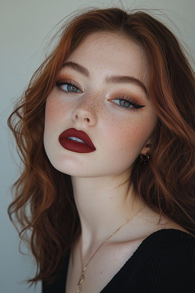 A girl with deep crimson eyeshadow, top-lid eyeliner, and a dark red lip, embodying a sultry and enigmatic prom aesthetic.