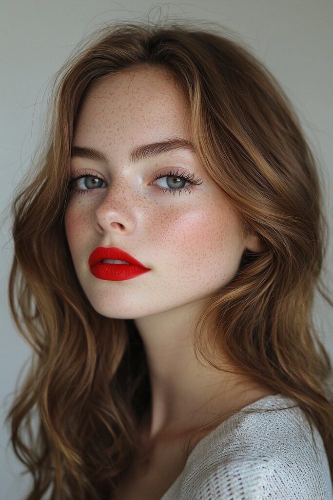 A girl with a bold red lip, top-lid eyeliner, and a matte skin finish, embodying a sleek and chic prom look.