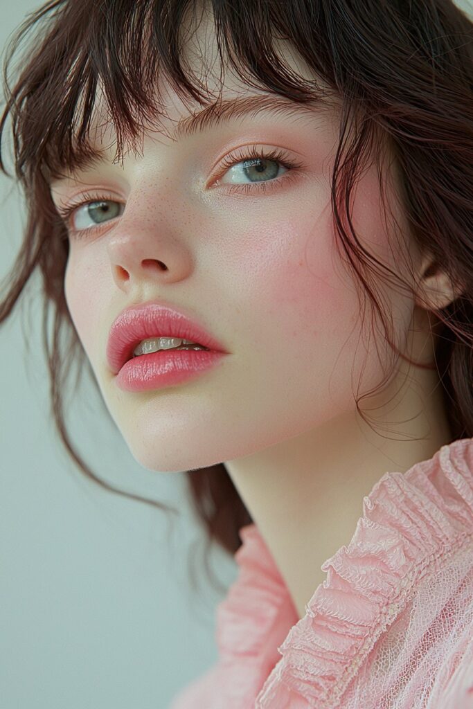 A young woman with a fresh, dewy skin makeup look. Her skin glows naturally, paired with a subtle coral lip and minimal eye makeup for a youthful, luminous effect.