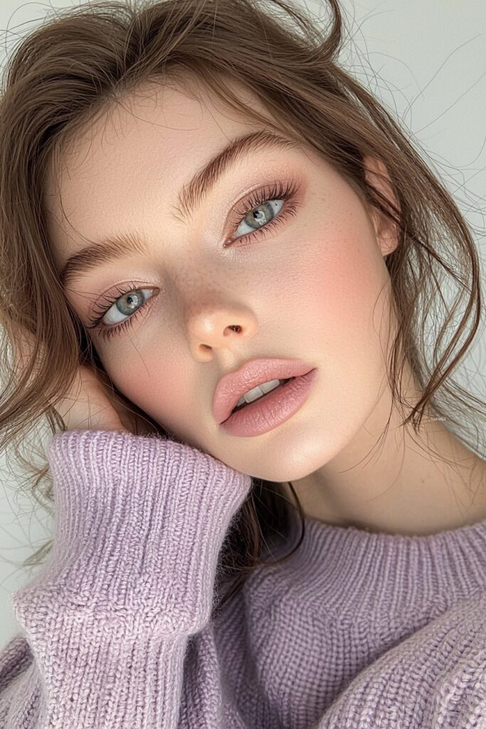 A face with a mysterious mauve magic makeup look. Mauve tones sweep across the eyes, cheeks, and lips, blending softly. Top-lid eyeliner and light bottom-lash mascara enhance the gaze. The matte complexion is flawless, set against a lavender backdrop with cool lighting, creating an enigmatic effect.