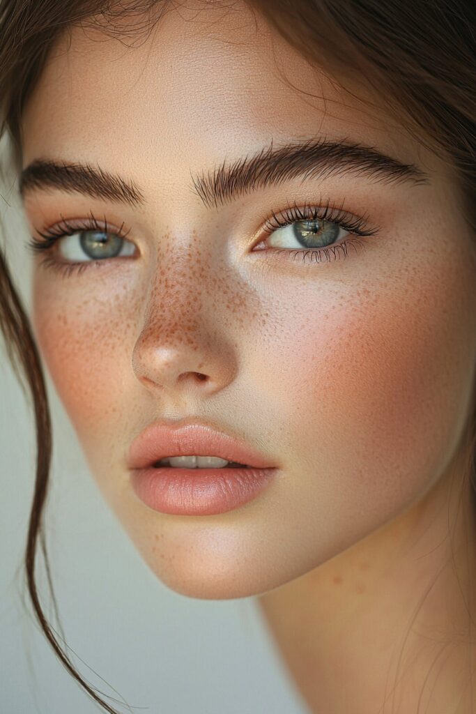 A young woman with naturally enhanced brows. Her well-groomed, defined brows frame her face, paired with a soft mauve lip and minimal eye makeup.