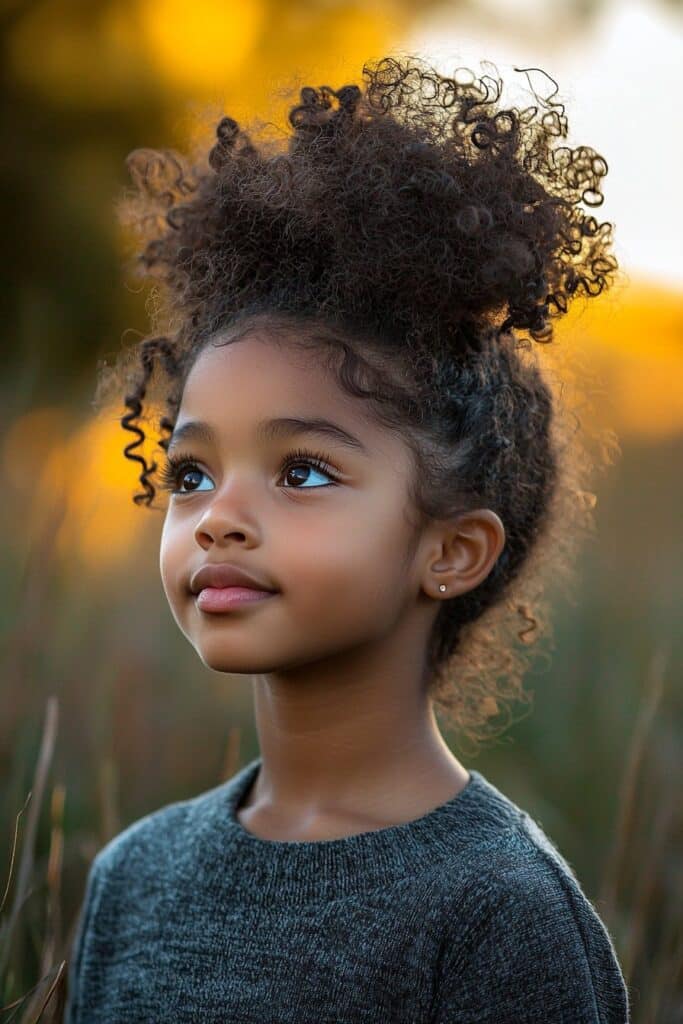 A young Black girl with a natural curly ponytail, her defined curls pulled into a high ponytail. The image is taken outdoors with a grassy background, illuminated by golden-hour sunlight.