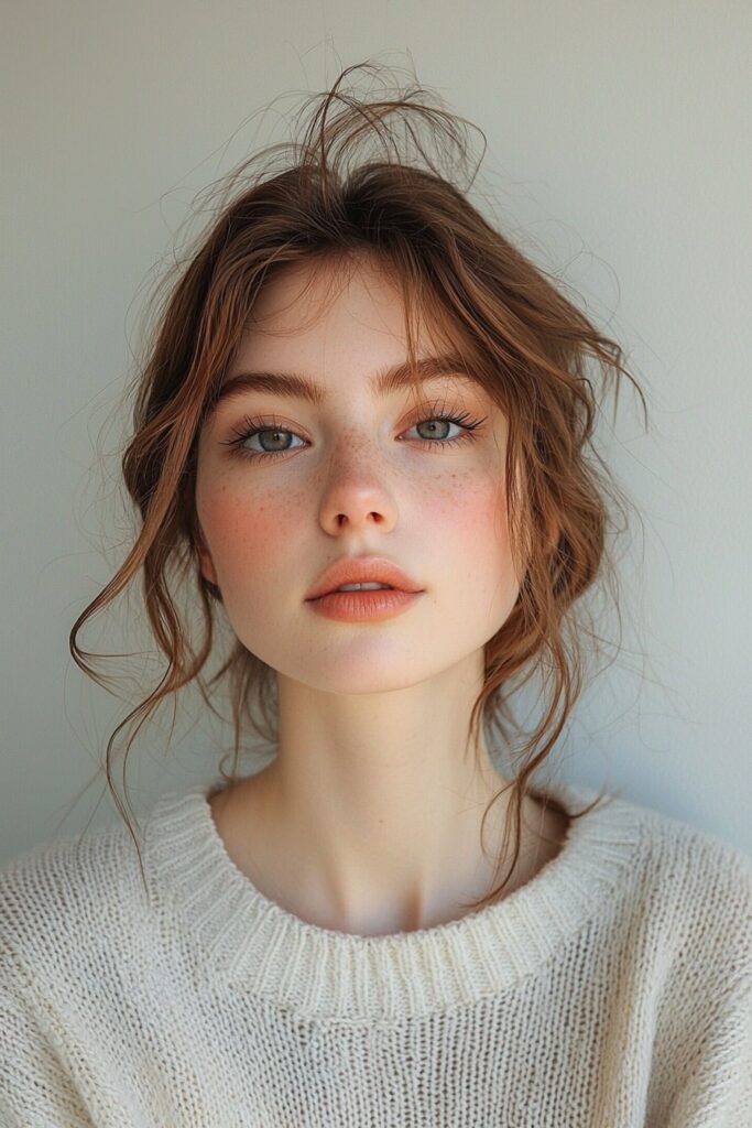 A young woman with a natural glowing base makeup look. Her skin appears radiant yet matte, with a soft peach lip. The makeup is fresh and effortless, perfect for a natural, everyday charm.