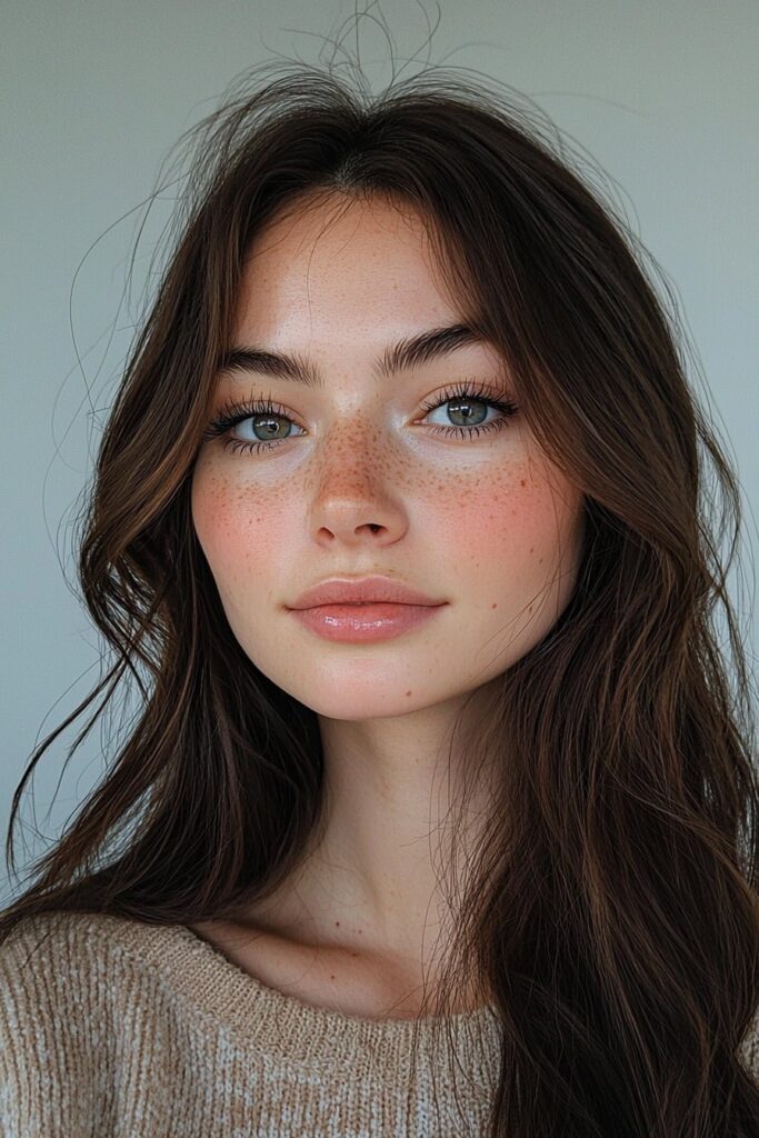 A girl with a natural lash enhancement makeup look. Her lashes appear naturally voluminous with bold top-lid eyeliner and light bottom-lash mascara. Her complexion is matte and even, with a soft beige lip.