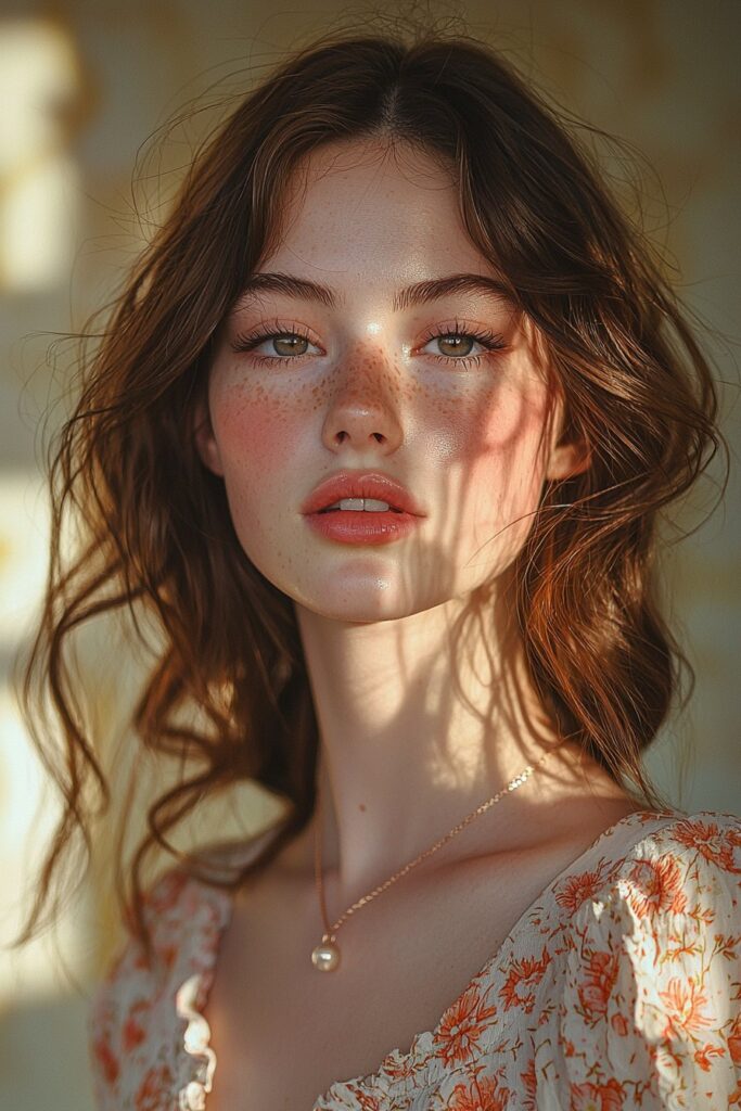 A girl with a natural light catch makeup look. Her complexion is enhanced with a matte base, her eyes are softly defined, and her lips are a gentle rose color, creating a glowing effect.