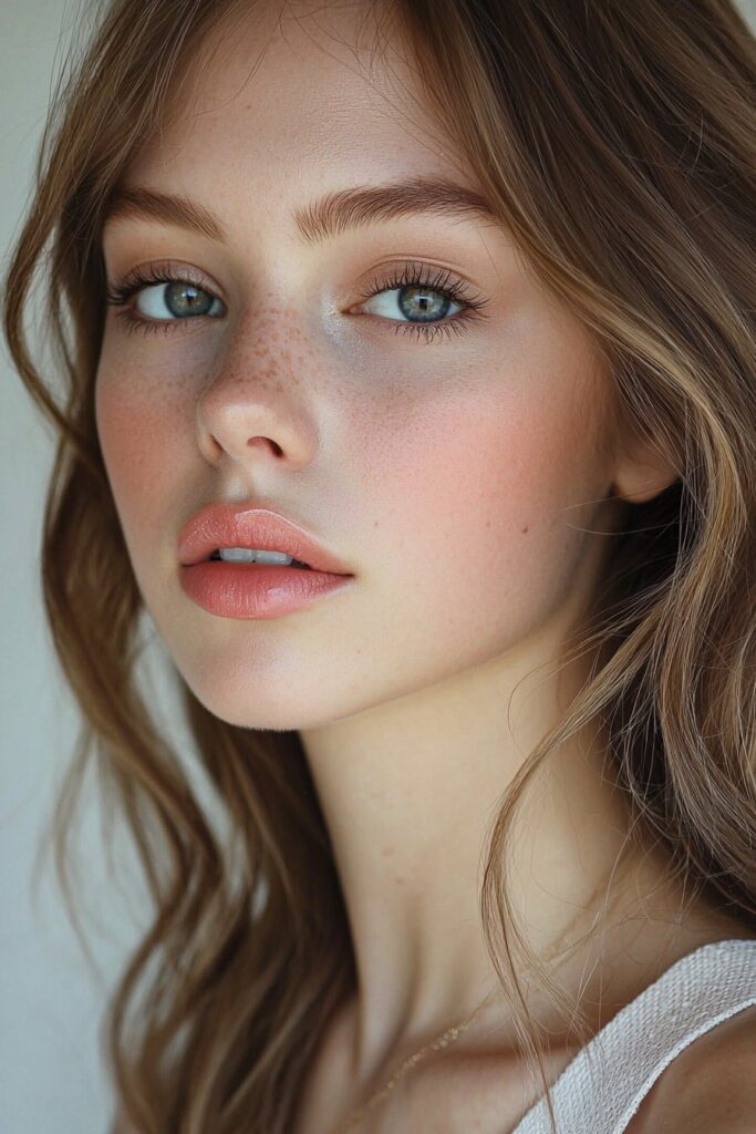 A girl with a natural lip enhancement makeup look. Her complexion is flawless with a matte base, and her eyes are subtly defined with top-lid eyeliner and mascara. Her lips are a vibrant pink, making them the focal point of the look.