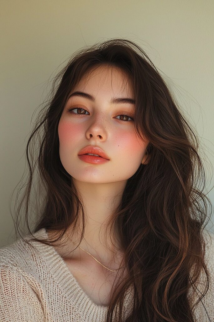 A girl with a natural rosy glow makeup look. Her cheeks are softly flushed with a rose blush over a matte base. Her eyes are subtly enhanced with top-lid eyeliner and light bottom-lash mascara, while her lips are painted in a rosy pink shade, giving a fresh, youthful appearance.