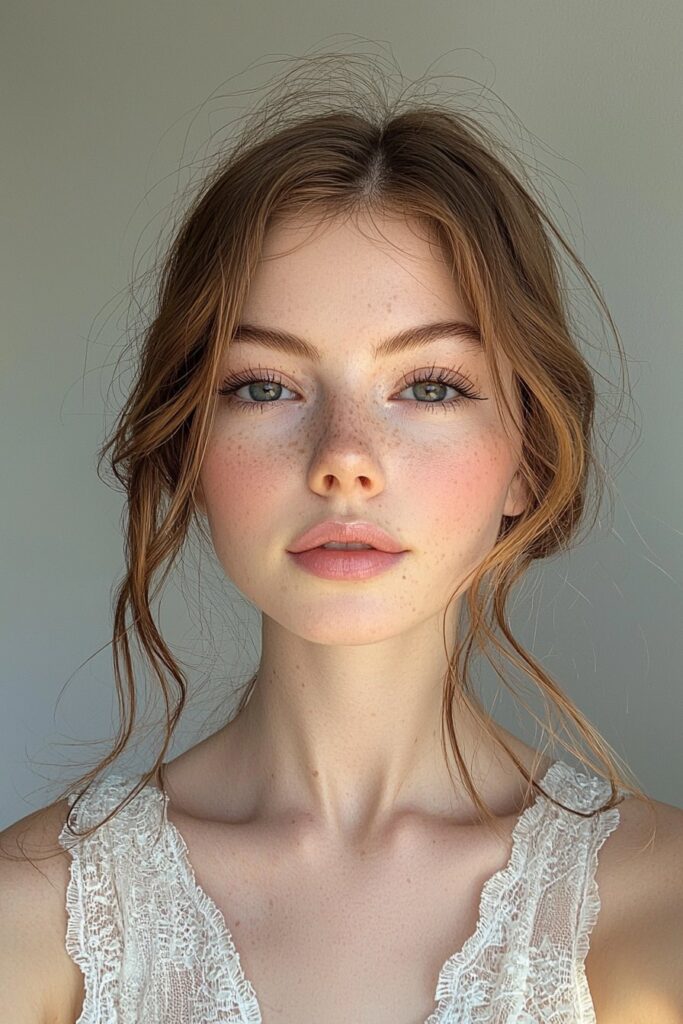 A girl with a soft neutral eye makeup look. She wears warm beige tones on her eyelids, blended seamlessly with top-lid eyeliner. Her complexion is smooth and natural, finished with a soft rose lip.