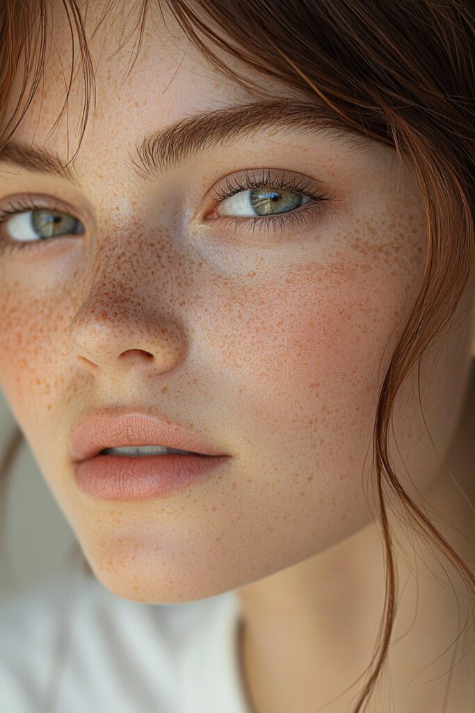 A young woman with a no-makeup makeup look. Her skin appears naturally radiant with a soft beige lip, minimal eyeliner, and mascara, enhancing her beauty subtly.