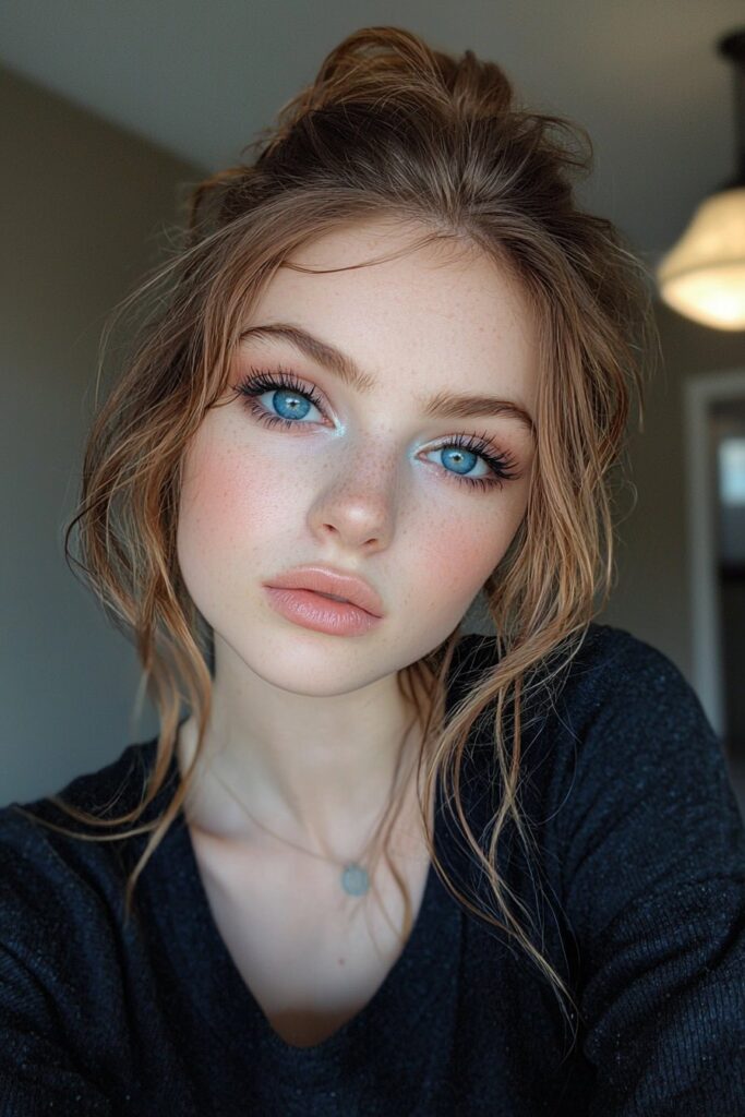 Striking prom makeup with deep blue eyeshadow complementing blue eyes against a matte base