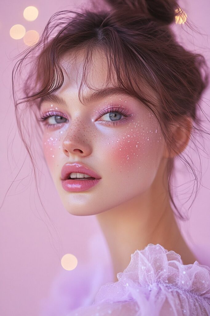 A whimsical pastel princess makeup look with lilac and baby pink hues on the eyes, cheeks, and lips. The complexion has a smooth, satin finish, and soft pastel lighting enhances the fairytale-like charm.