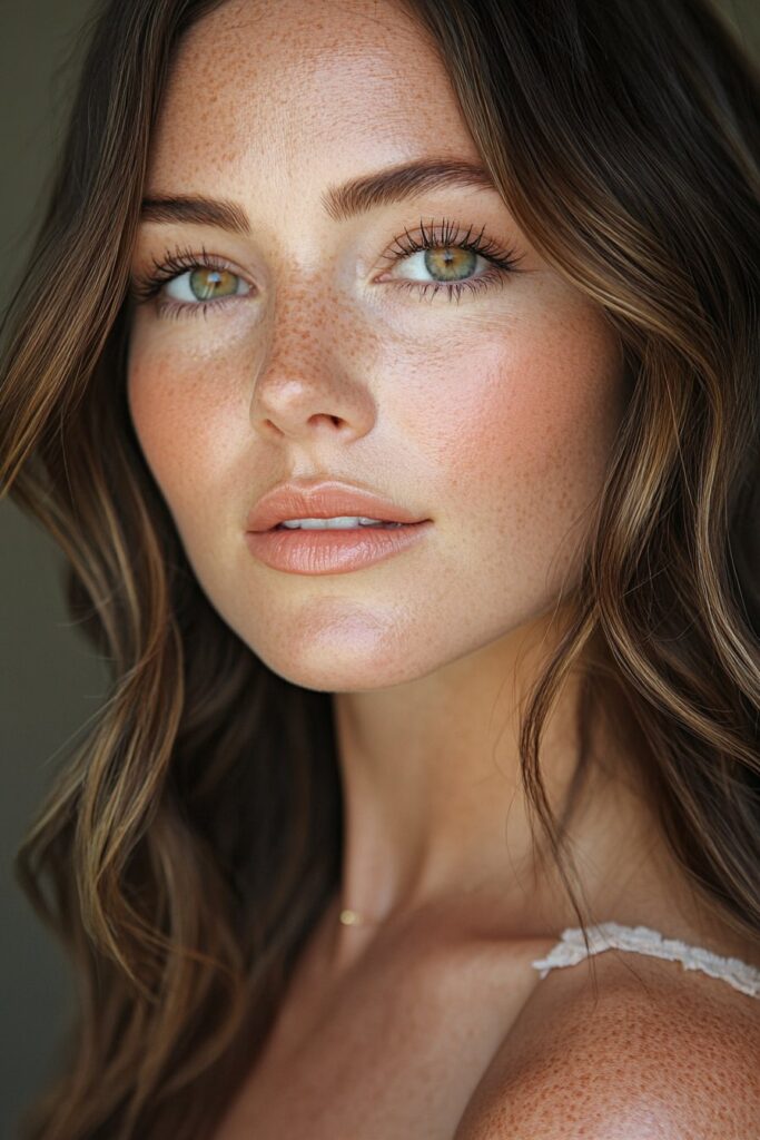 A sun-kissed, peachy summer makeup look with warm peach tones on the eyelids, cheeks, and lips. The complexion is dewy and radiant, enhanced by golden-hour lighting for a fresh, summery warmth.