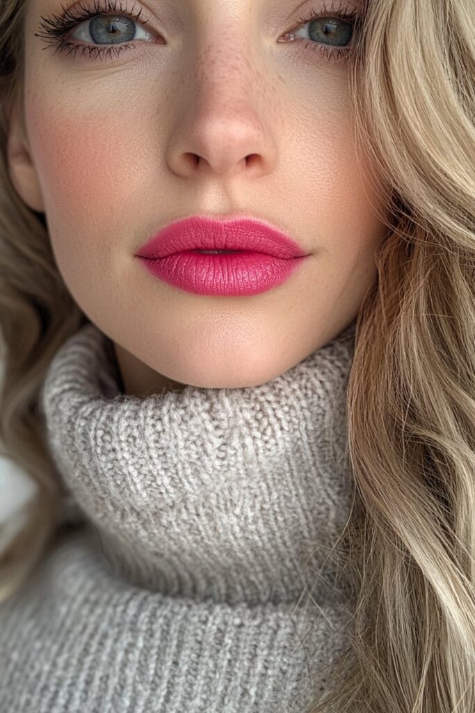 A fresh and polished professional makeup look featuring vibrant pink lips, a matte base with translucent powder, subtle eye makeup with top-lid eyeliner, and light bottom-lash mascara.