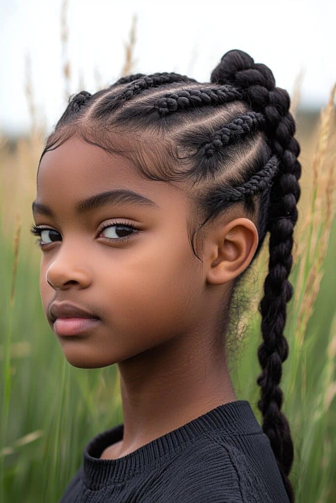 A young Black girl with a sleek protective cornrow ponytail. Her neatly braided cornrows lead into a polished ponytail, styled for longevity. The photo is captured outdoors against a vibrant grass background with natural lighting.