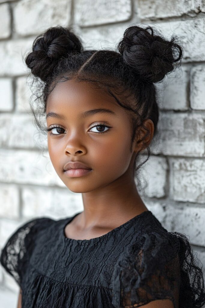 A young Black girl with protective mini buns, her natural hair styled into small, easy-to-maintain buns. The background is a white brick wall, giving a clean and professional look.