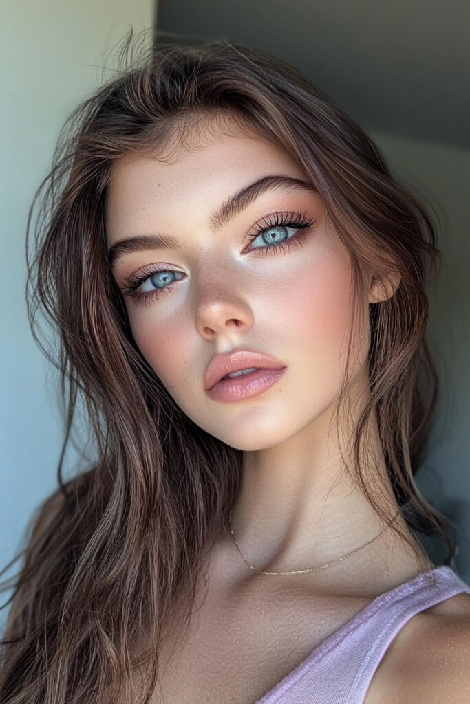 Bold prom makeup featuring rich purple eyeshadow that accentuates blue eyes with muted rose lips