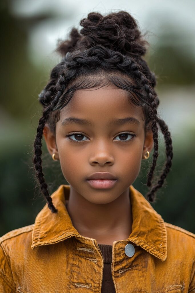 A young Black girl with a quick braided headband, featuring a braided front section with loose curls in the back. The image has a professional street background for a chic and practical Instagram-worthy look.