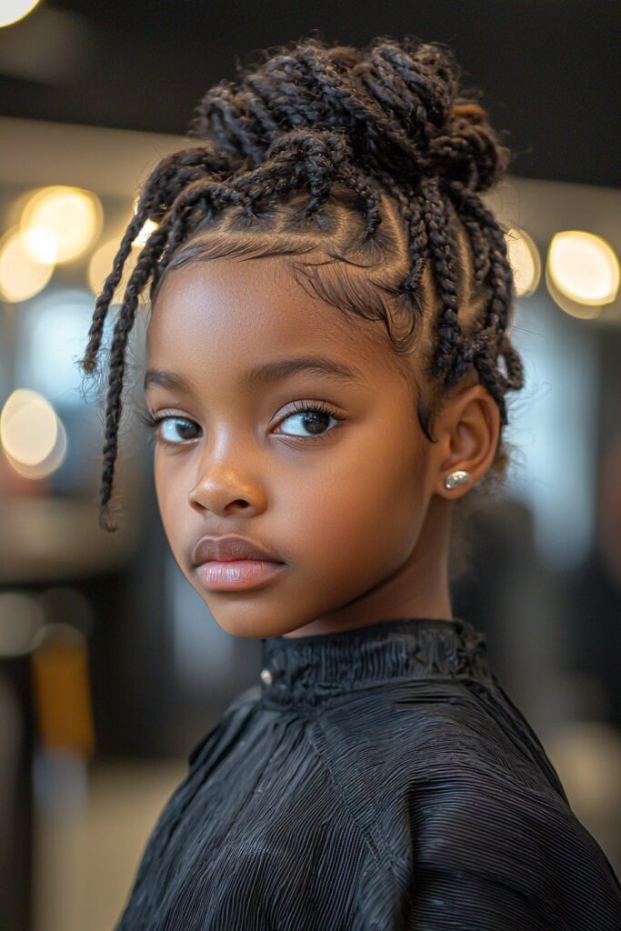 A young Black girl with a quick flat twist crown. Her natural hair is styled into a regal halo of flat twists, ideal for a polished and protective look. The image features an indoor salon setting with mirrors and warm lighting.