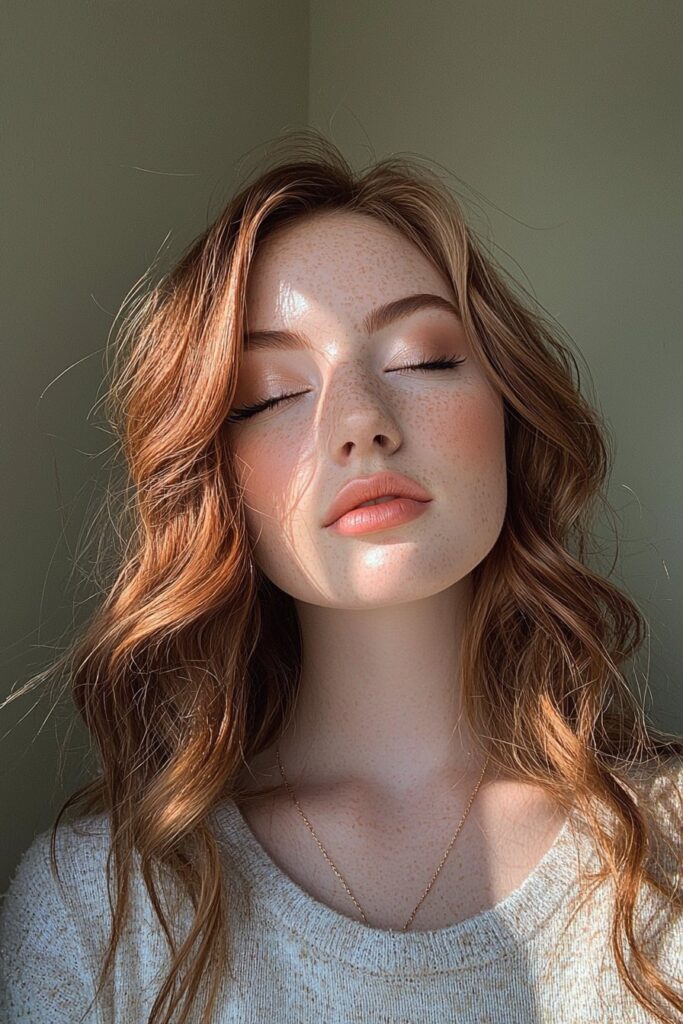 A girl with a radiant complexion makeup look. Her matte base gives a healthy glow, paired with a rosy pink lip. Her eyes are subtly enhanced with top-lid eyeliner and mascara.