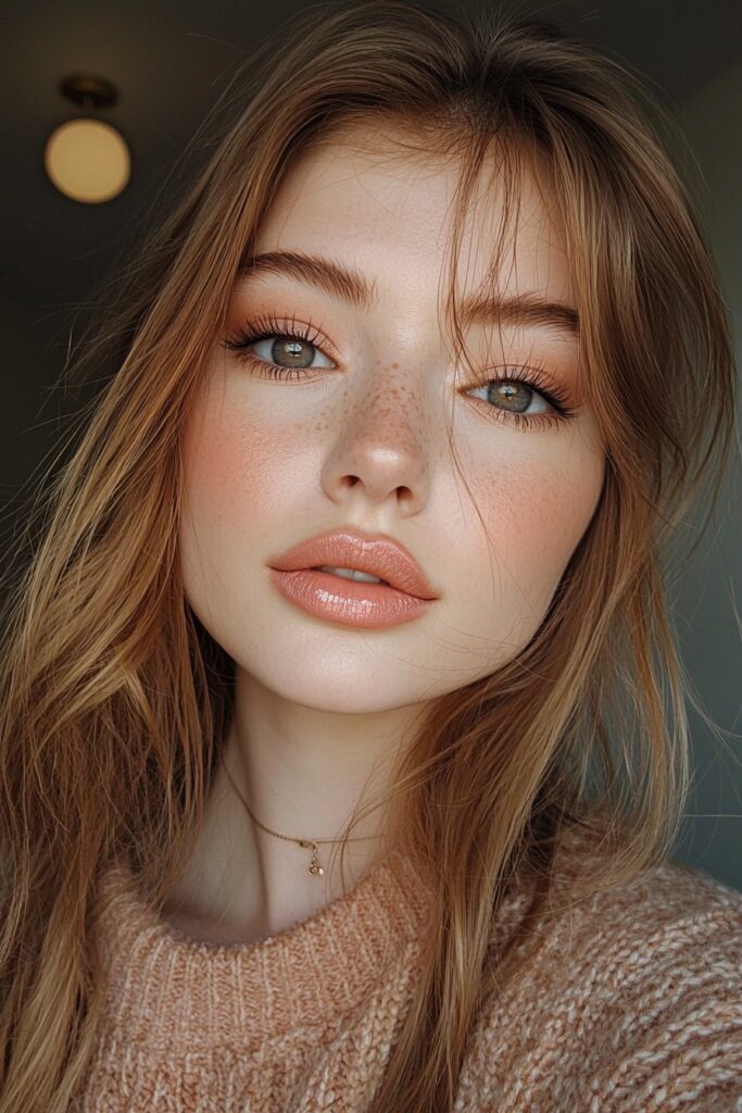 Rose gold tones (no glitter) sweep the eyes with top-lid eyeliner and light bottom-lash mascara, over a matte base with translucent powder, lips in a rosy pink. The look is tender and radiant.