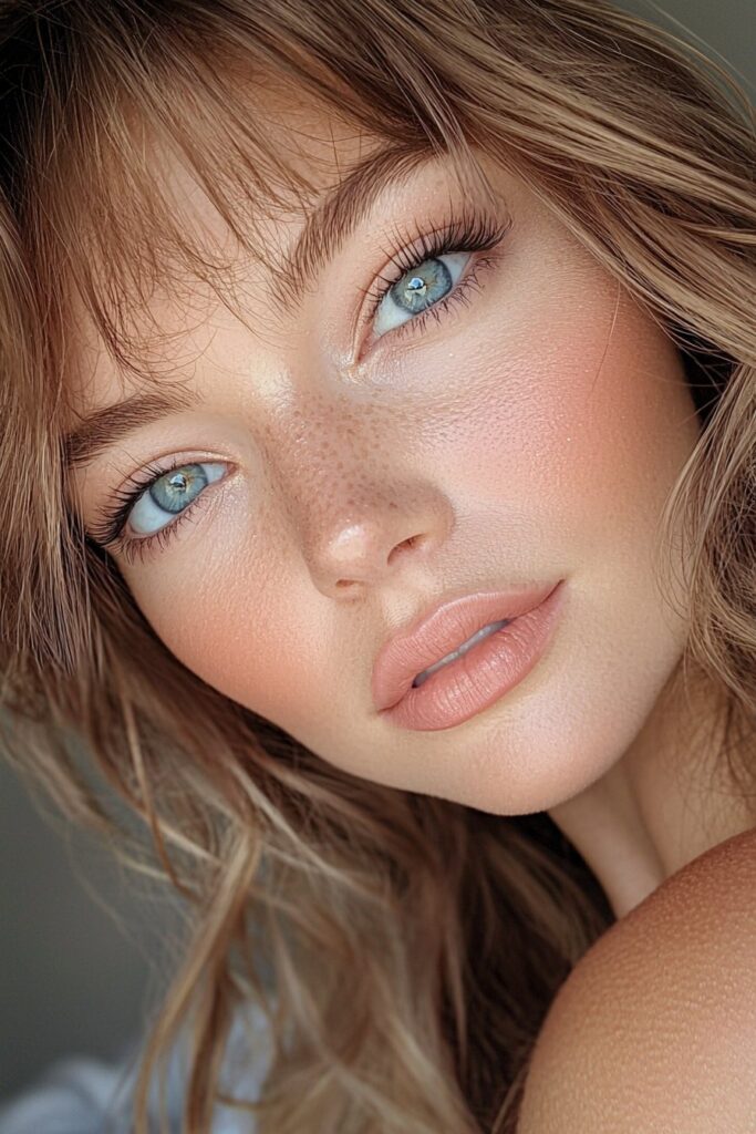 Tender prom makeup with rose tones sweeping across eyes and cheeks with matching rose lips