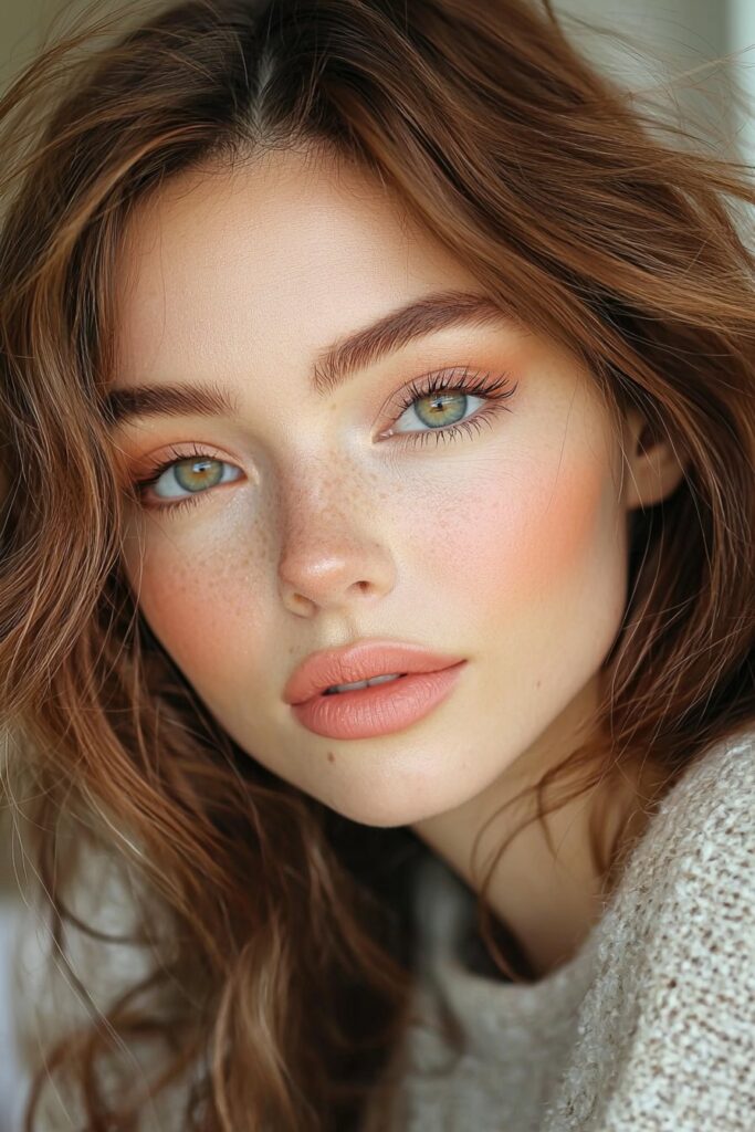 Coral and pink shadows blend with top-lid eyeliner and light bottom-lash mascara, over a matte base with translucent powder, lips in a soft coral. The style is dreamy and glowing.