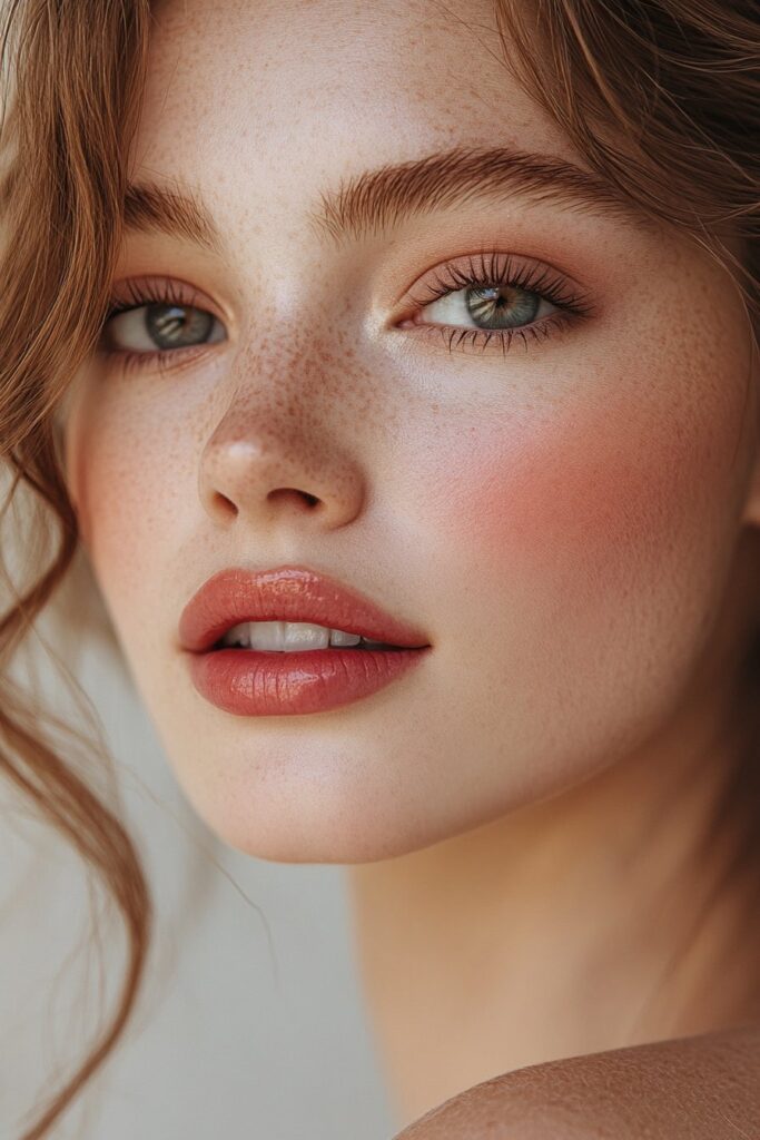 A bold, feminine makeup look featuring vibrant rosy cheeks and juicy pink gloss on the lips. The blush fades into a soft gradient for a natural finish, while warm beige eyeshadow keeps the look balanced. Soft lighting enhances the youthful radiance.