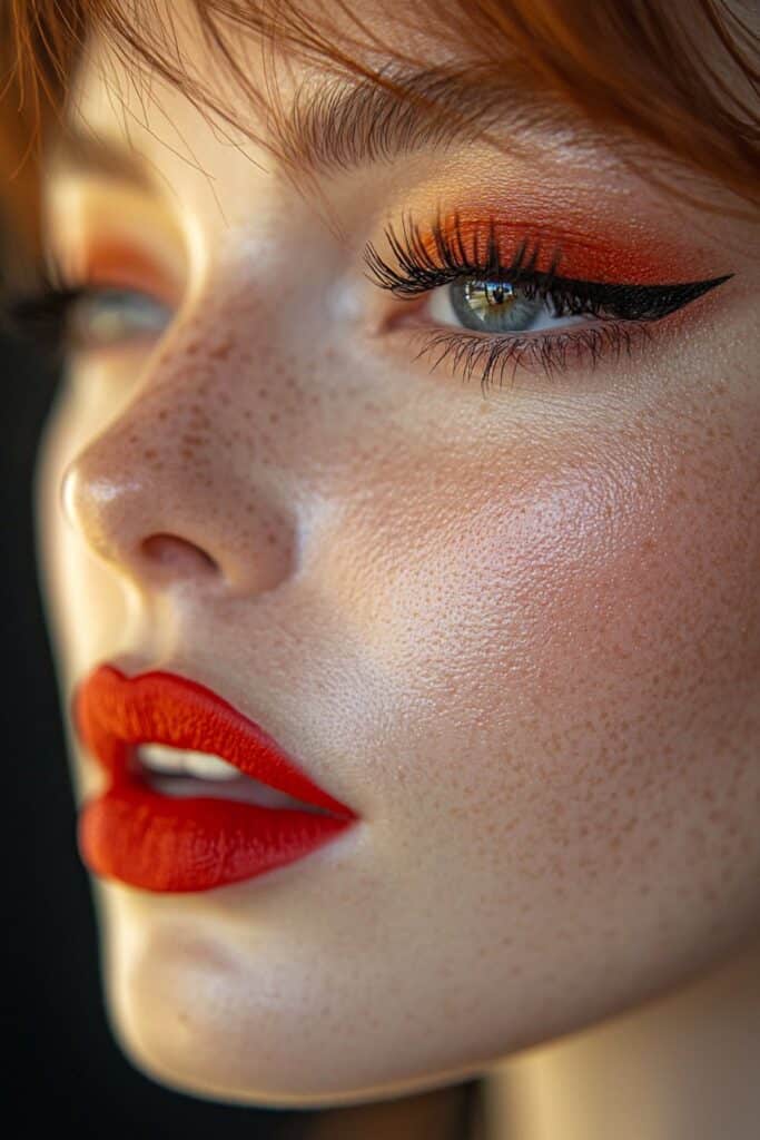 A face with a ruby red seduction makeup look. Vibrant ruby red shades sweep across the eyes, cheeks, and lips. The look features top-lid eyeliner, light bottom-lash mascara, and a matte complexion. A sultry ruby red backdrop with warm lighting enhances the passionate and enticing Scorpio Rising vibe