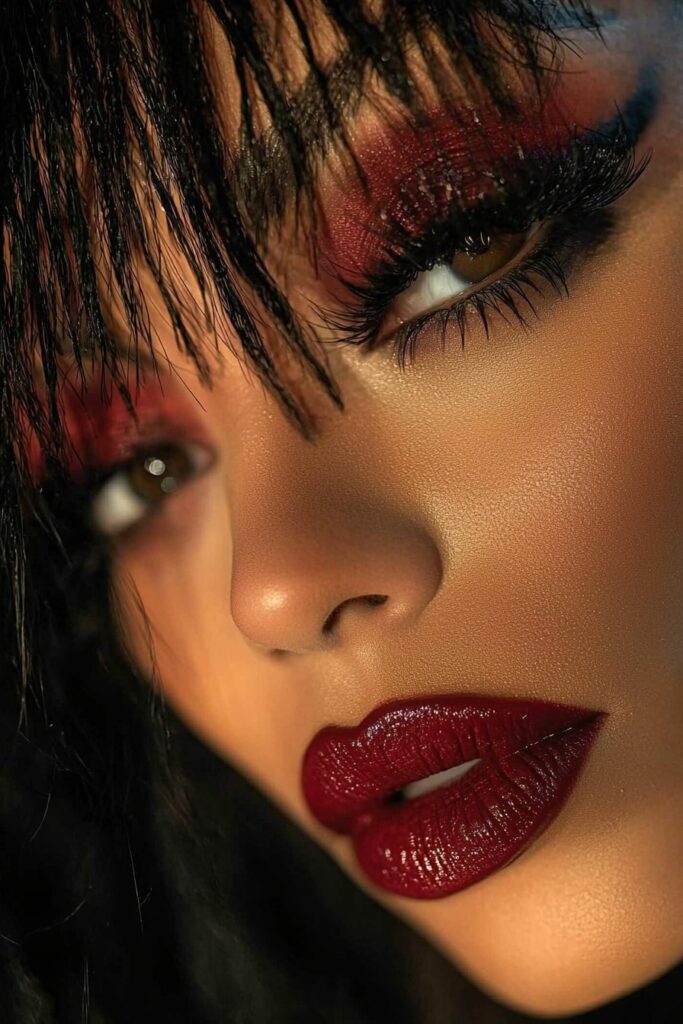 A face with a Scorpio Queen Supreme makeup look. Black and crimson hues dominate the eyes, cheeks, and lips. The bold look includes top-lid eyeliner, light bottom-lash mascara, and a matte base. A black and red backdrop with majestic lighting enhances the fierce, regal Scorpio Rising presence.