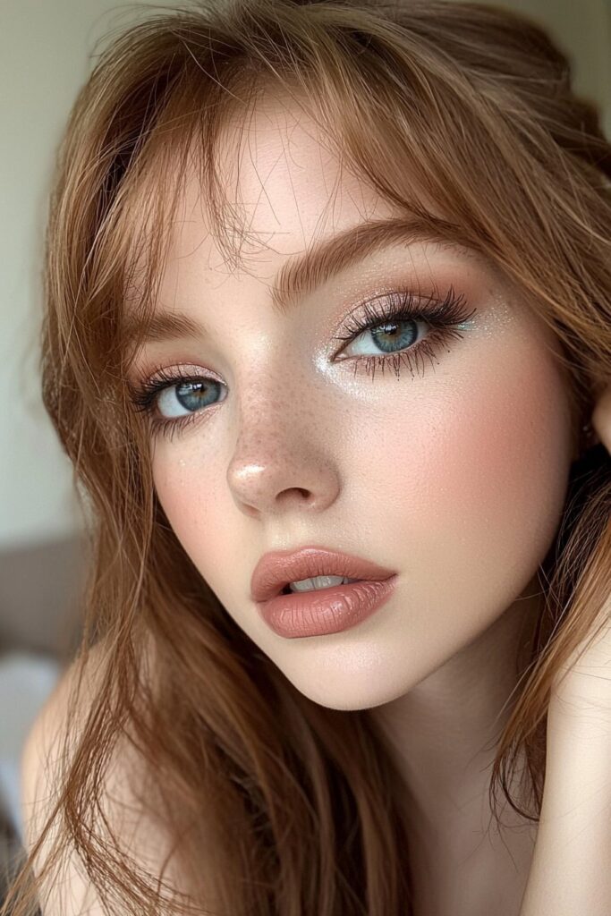 Elegant prom makeup featuring mauve eyeshadow that enhances blue eyes with precise eyeliner and soft mascara