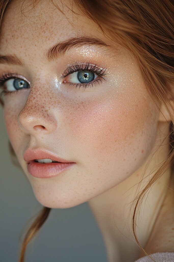 Delicate prom makeup with shimmering silvery pink tones enhancing blue eyes and soft pink lips