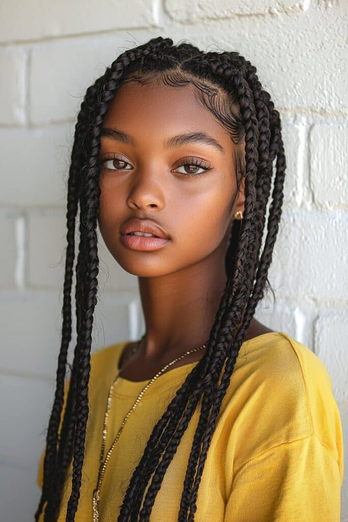 A young Black girl with medium-sized simple box braids. The timeless and versatile style is captured against a professional white brick wall background.