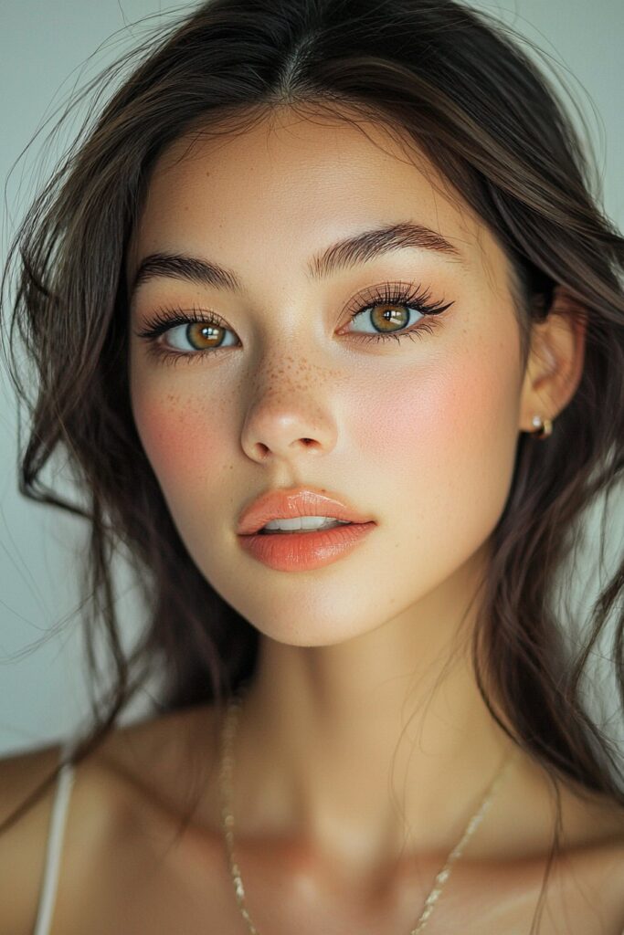 A girl with a simple elegant makeup look. Her face has a soft matte base, subtly defined eyes with top-lid eyeliner and mascara, and a delicate pink lip, perfect for a timeless prom style.