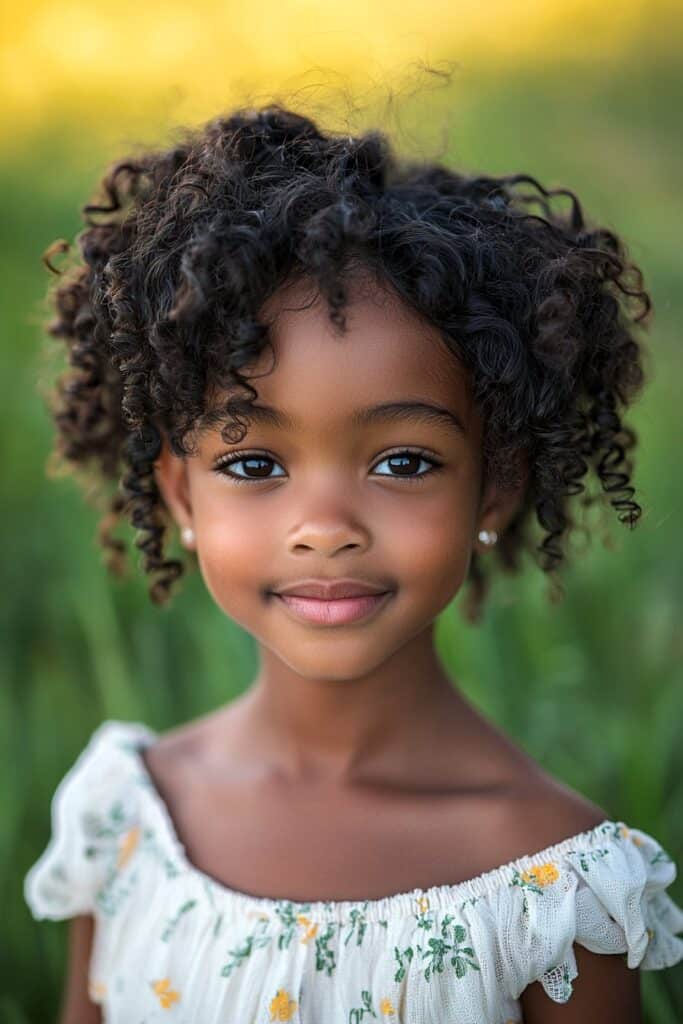 A young Black girl with a soft and elegant side-swept hairstyle. Her natural curls are gathered to one side for a chic yet effortless look. The image is taken outdoors against a grassy background with natural light.