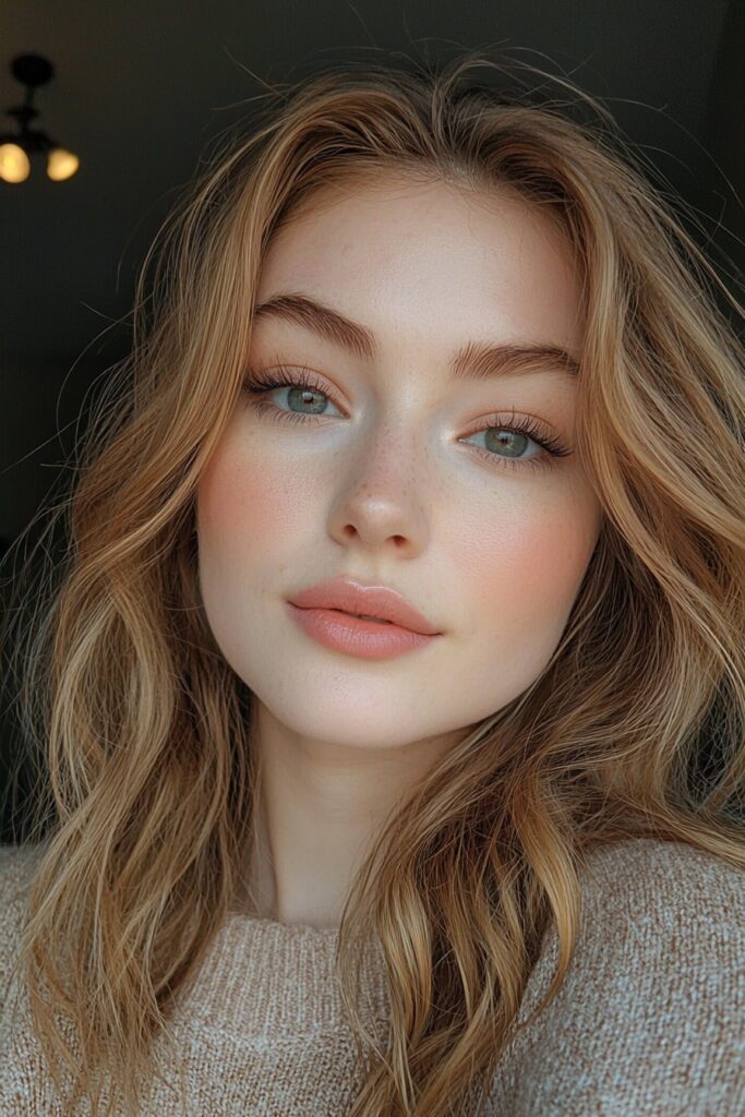A young woman with a soft smokey eye makeup look. Her eyes are subtly defined with soft gray shadow, while her lips remain a gentle pink for balance. A chic yet understated glam look.