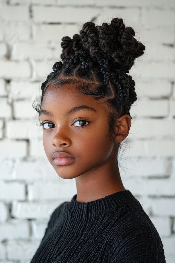 A young Black girl with simple two-strand twist puffs. Her natural hair is twisted into small puffs, creating a playful and neat look. The image is taken against a professional white brick wall background with soft indoor lighting.